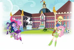 Size: 1696x1168 | Tagged: safe, derpibooru import, official, applejack, fluttershy, pinkie pie, rainbow dash, rarity, spike, twilight sparkle, twilight sparkle (alicorn), alicorn, dog, equestria girls, ball, building, canterlot high, football, hasbro, mane seven, mane six, out of context, spike the dog, statue, wat