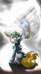 Size: 1400x2488 | Tagged: safe, artist:whitepone, derpibooru import, oc, oc:lumina, unofficial characters only, pony, unicorn, awakening, fanfic art, frown, gritted teeth, sitting, snow, snowfall, solo, spaceship, spacesuit