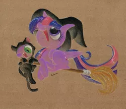 Size: 933x805 | Tagged: safe, artist:getchanoodlewet, derpibooru import, spike, twilight sparkle, twilight sparkle (alicorn), alicorn, cat, pony, broom, clothes, costume, female, flying, flying broomstick, hat, looking down, looking up, mare, open mouth, smiling, traditional art, witch, witch hat