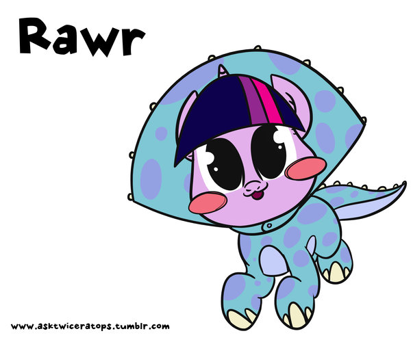 Size: 600x497 | Tagged: safe, artist:bunnimation, derpibooru import, twilight sparkle, twilight sparkle (alicorn), alicorn, dinosaur, pony, ask twiceratops, :3, blush sticker, blushing, clothes, costume, cute, female, looking at you, mare, open mouth, rawr, simple background, smiling, solo, twiabetes, twiceratops, white background