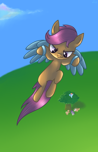 Size: 1100x1700 | Tagged: apple bloom, applejack, artificial wings, artist:dzmaylon, augmented, cutie mark crusaders, derpibooru import, flying, mechanical wing, rainbow dash, rarity, safe, scootaloo, scootaloo can fly, strapon wings, sweetie belle, tree, vertigo, wings