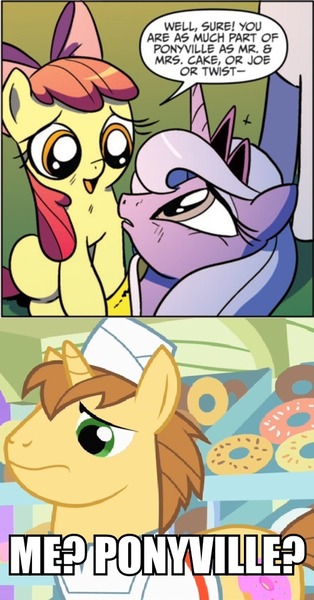 Size: 502x960 | Tagged: apple bloom, canterlot, caption, comic, derpibooru import, donut joe, edit, edited screencap, idw, joe, ponyville, princess luna, s1 luna, safe, screencap, the best night ever