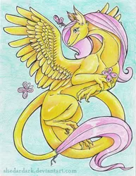 Size: 500x646 | Tagged: artist:shedardark, blue background, butterfly, derpibooru import, dragon, dragoness, dragonified, feathered dragon, female, flutterdragon, fluttershy, safe, simple background, solo, species swap, spread wings, traditional art, wings