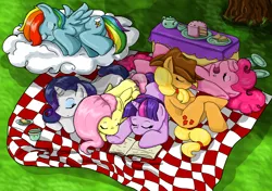 Size: 1024x721 | Tagged: anatomically incorrect, applejack, artist:kisasohmacookie, book, cake, cloud, cuddle puddle, cuddling, cup, derpibooru import, drink, fluttershy, food, gimp, incorrect leg anatomy, mane six, picnic, picnic blanket, pinkie pie, pony pile, rainbow dash, rarity, resting, safe, sandwich, sleeping, snuggling, tea, teapot, twilight sparkle