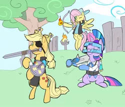 Size: 964x829 | Tagged: safe, artist:metal-kitty, derpibooru import, applejack, fluttershy, twilight sparkle, twilight sparkle (alicorn), alicorn, pony, appletwishy, armor, demo jack, demoman, female, mare, medic, medieval, shield, sniper, snipershy, team fortress 2, twi medic, weapon