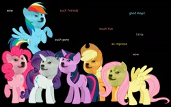 Size: 5400x3400 | Tagged: absurd resolution, applejack, artist:greyone, black background, derpibooru import, dialogue, dog, doge, fluttershy, flying, fun, looking at you, mane six, meme, not salmon, pentium iii, pinkie pie, rainbow dash, raised hoof, rarity, safe, simple background, spread wings, twilight sparkle, wat, wow