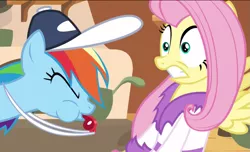 Size: 949x577 | Tagged: baseball cap, bathrobe, blowing, blowing whistle, cap, clothes, derpibooru import, fluttershy, hat, hurricane fluttershy, puffy cheeks, rainbow dash, rainbow dashs coaching whistle, robe, safe, scared, screencap, shocked, whistle