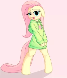 Size: 866x1000 | Tagged: safe, artist:apony, derpibooru import, fluttershy, pony, semi-anthro, :o, bipedal, bottomless, clothes, explicit source, floppy ears, hoodie, implied futa, looking at you, mouth, open mouth, simple background, smiling, solo