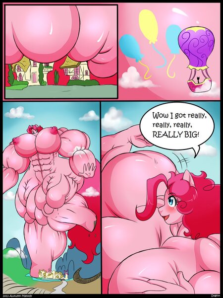 Size: 960x1280 | Tagged: anthro, artist:autumnmelody, breast grab, breasts, busty pinkie pie, comic, comic:self-rising pinkie, cutie mark, derpibooru import, female muscle growth, giantess, grope, impossibly large, macro, muscle expansion, muscle fetish, muscles, nipples, nudity, pinkie pie, pinkie pump, plot, ponyville, questionable, twinkling balloon