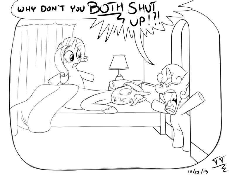 Size: 1600x1200 | Tagged: artist:tomtornados, bed, bedroom, derpibooru import, monochrome, parody, prince blueblood, rarity, safe, shut up, sweetie belle, the simpsons, yelling