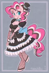 Size: 669x1004 | Tagged: safe, artist:ryunwoofie, derpibooru import, pinkie pie, anthro, earth pony, unguligrade anthro, clothes, cute, diapinkes, dress, female, fishnets, hat, hooves, lolita fashion, open mouth, pinkie pie's boutique, solo