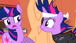 Size: 800x450 | Tagged: animated, cropped, derpibooru import, duo, eyepatch, floppy ears, future twilight, golden oaks library, injured, it's about time, safe, screencap, scrunchy face, self paradox, talking, twilight sparkle