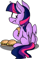 Size: 889x1359 | Tagged: dead source, safe, artist:strangiesleepy, derpibooru import, twilight sparkle, twilight sparkle (alicorn), alicorn, pony, :t, burger, cheeseburger, female, frown, hilarious in hindsight, hoof hold, looking back, mare, nervous, omnivore twilight, ponies eating meat, simple background, sitting, solo, that pony sure does love burgers, transparent background, twilight burgkle