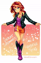 Size: 685x1058 | Tagged: safe, artist:semehammer, derpibooru import, sunset shimmer, equestria girls, alternative cutie mark placement, anime battle thread, bedroom eyes, boots, clothes, cute, female, grin, jacket, leather jacket, looking at you, shimmerbetes, shoes, skirt, smiling, solo, yeah!!!!!!!!