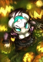Size: 918x1300 | Tagged: safe, artist:atryl, derpibooru import, oc, oc:sixtoh, unofficial characters only, anthro, unicorn, anthro oc, cleavage, clothes, female, jack-o-lantern, pumpkin, solo