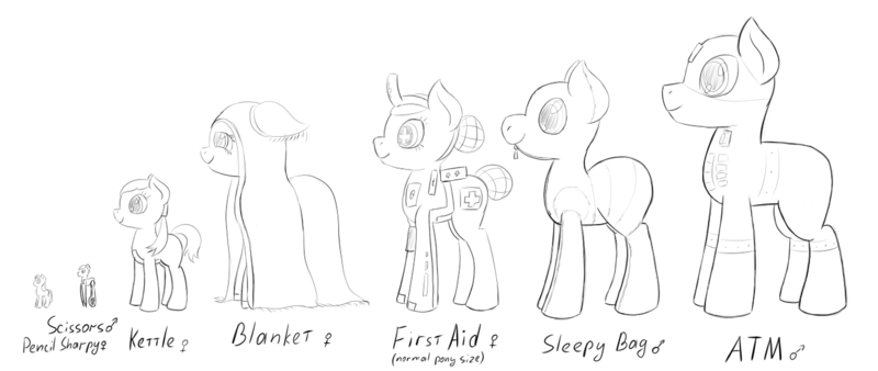 Size: 1300x550 | Tagged: artist:fantasyglow, atm pony, blanket pony, derpibooru import, first aid kit pony, kettle pony, micro, monochrome, object pony, oc, original species, pencil sharpener pony, ponified, safe, scissors pony, size comparison, sleeping bag pony