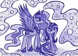 Size: 1024x737 | Tagged: safe, artist:rossmaniteanzu, derpibooru import, princess luna, oc, oc:marta, pegasus, pony, magic, night, stars, traditional art