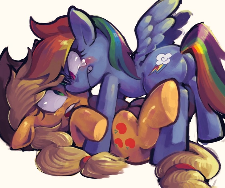 Size: 836x700 | Tagged: safe, artist:jirousan, derpibooru import, applejack, rainbow dash, earth pony, pegasus, pony, angry, appledash, blushing, close-up, crying, female, hat, lesbian, looking at each other, mare, on back, pixiv, shipping