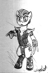 Size: 588x893 | Tagged: safe, artist:wingbeatpony, derpibooru import, ponified, pony, assassin, bipedal, diablo 2, monochrome, solo