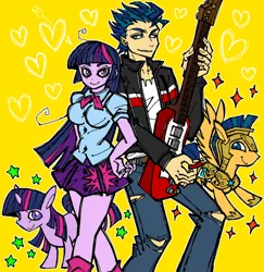 Size: 1024x1053 | Tagged: safe, artist:dokuichigo, derpibooru import, flash sentry, twilight sparkle, pegasus, pony, unicorn, equestria girls, electric guitar, female, flashlight, guitar, guitar pick, heart, human ponidox, male, mare, musical instrument, shipping, stallion, straight, twolight