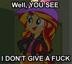 Size: 647x572 | Tagged: safe, derpibooru import, sunset shimmer, equestria girls, caption, gary motherfucking oak, hat, image macro, reaction image, solo, sunset motherfucking shimmer, vulgar