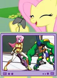 Size: 563x771 | Tagged: brazil, cerebella, derpibooru import, exploitable meme, fluttershy, gamershy, meme, palette swap, parasoul, safe, skullgirls, tv meme