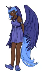 Size: 776x1300 | Tagged: artist:aphexangel, artist:danerboots, colored, dark skin, derpibooru import, horned humanization, human, humanized, princess luna, s1 luna, safe, simple background, solo, tailed humanization, winged humanization