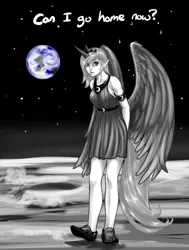 Size: 982x1300 | Tagged: artist:aphexangel, banishment, derpibooru import, dialogue, earth, elf ears, horned humanization, human, humanized, looking at you, moon, princess luna, safe, solo, space, tailed humanization, winged humanization