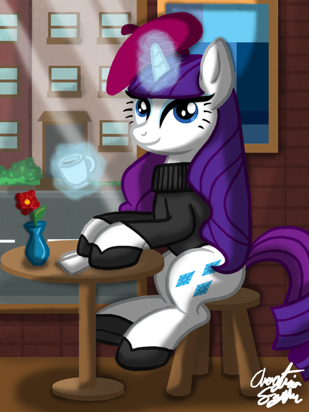 Size: 1080x1440 | Tagged: artist:inkrose98, beatnik rarity, beret, clothes, derpibooru import, hat, rarity, safe, sitting, solo