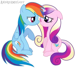 Size: 5110x4838 | Tagged: absurd resolution, age regression, artist:andreamelody, cadash, female, lesbian, princess cadance, rainbow dash, safe, shipping