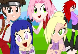 Size: 1024x707 | Tagged: safe, artist:thegreatrouge, derpibooru import, equestria girls, barely pony related, bedroom eyes, crossover, equestria girls-ified, frown, grin, haruno sakura, hyuuga hinata, karin, looking at you, looking back, naruto, open mouth, raised eyebrow, smiling, tenten, uzumaki karin, yamanaka ino