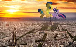 Size: 1920x1200 | Tagged: safe, artist:coolez, artist:somerandomminion, derpibooru import, flash sentry, twilight sparkle, twilight sparkle (alicorn), alicorn, kaiju, pony, armor, blushing, city, crown, eiffel tower, female, flashlight, giant pony, giantess, highrise ponies, macro, male, mare, paris, straight