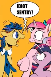 Size: 365x549 | Tagged: safe, derpibooru import, idw, flash sentry, princess cadance, twilight sparkle, pony, exploitable meme, horn, idiot sentry, meme, screaming armor, screaming sentry, younger