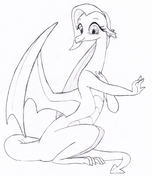 Size: 520x602 | Tagged: artist:queencold, derpibooru import, dragon, dragoness, dragonified, flutterdragon, fluttershy, monochrome, safe, sketch, smiling, solo, species swap