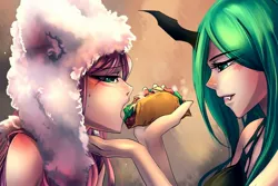 Size: 1200x800 | Tagged: suggestive, artist:bakki, derpibooru import, queen chrysalis, oc, oc:fluffle puff, human, blushing, breasts, canon x oc, chrysipuff, feeding, female, food, foodplay, horned humanization, humanized, humanized oc, lesbian, shipping, suggestive eating, taco