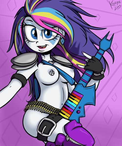 Size: 2000x2400 | Tagged: questionable, artist:killryde, derpibooru import, rarity, equestria girls, rainbow rocks, alternate hairstyle, alternative cutie mark placement, breasts, bullet, busty rarity, face paint, facial cutie mark, female, glam, humanized, keytar, musical instrument, nail polish, nipple piercing, nipples, nudity, piercing, solo, solo female
