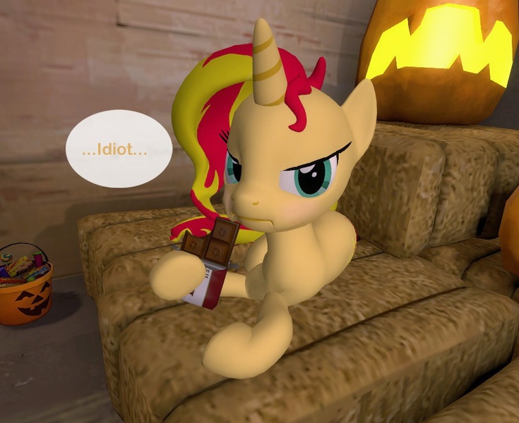 Size: 941x768 | Tagged: safe, artist:pika-robo, derpibooru import, sunset shimmer, pony, 3d, blushing, chocolate, gmod, solo, team fortress 2, tsundere, tsunset shimmer