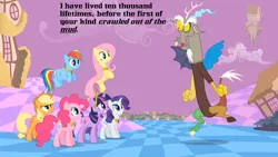 Size: 1280x720 | Tagged: safe, derpibooru import, edit, edited screencap, screencap, applejack, discord, fluttershy, pinkie pie, rainbow dash, rarity, twilight sparkle, draconequus, earth pony, pegasus, pony, unicorn, the return of harmony, beginnings, chaos, discorded landscape, female, male, mane six, mare, ponyville, quote, the legend of korra, unicorn twilight, vaatu