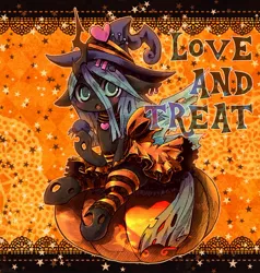 Size: 800x841 | Tagged: artist:kolshica, blushing, changeling, changeling queen, choker, clothes, costume, cute, cutealis, derpibooru import, dress, ear piercing, earring, female, halloween, hat, jack-o-lantern, jewelry, leg warmers, looking at you, nightmare night, nymph, :o, open mouth, piercing, pumpkin, queen chrysalis, safe, sitting, solo, witch, witch hat, younger
