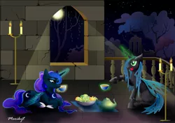 Size: 4973x3508 | Tagged: safe, artist:marikyt, derpibooru import, princess luna, queen chrysalis, alicorn, changeling, pony, castle, night, tea