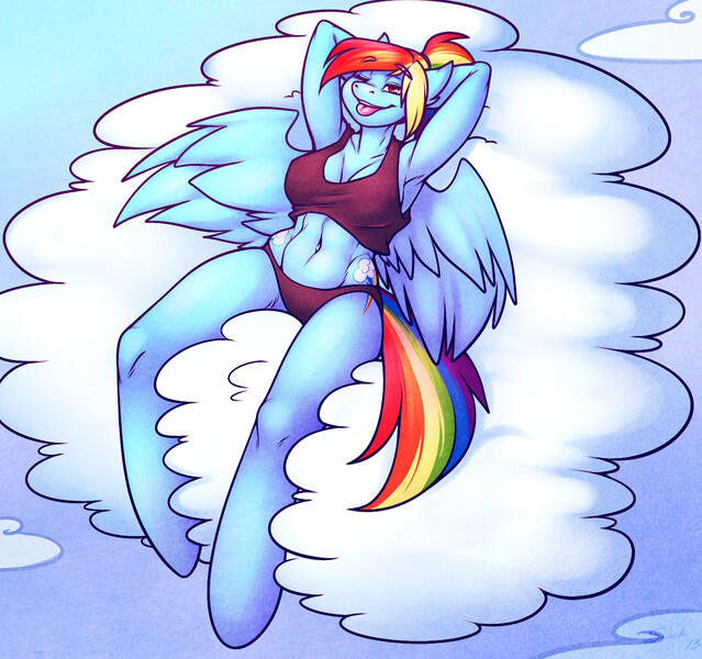 Size: 1495x1404 | Tagged: suggestive, artist:sheela, derpibooru import, rainbow dash, anthro, unguligrade anthro, anatomically incorrect, armpits, belly button, breasts, busty rainbow dash, cleavage, clothes, cloud, cloudy, female, happy, image, incorrect leg anatomy, jpeg, midriff, panties, solo, solo female, tanktop, tongue out, underwear