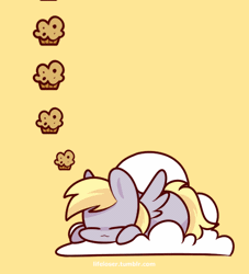 Size: 500x550 | Tagged: safe, artist:lifeloser, derpibooru import, derpy hooves, pegasus, pony, :3, animated, cloud, cute, derpabetes, eyes closed, female, mare, muffin, prone, simple background, sleeping, smiling, solo, yellow background