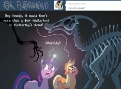 Size: 870x640 | Tagged: applejack, ask-flutterschiavo, derpibooru import, dinosaur, parasaurolophus, safe, skeleton, twilight sparkle