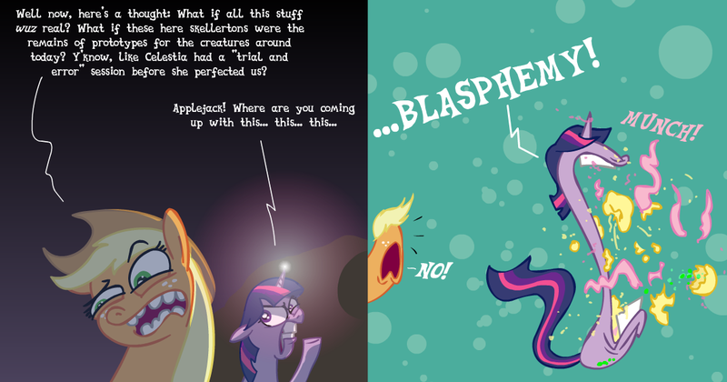 Size: 1145x601 | Tagged: grimdark, derpibooru import, applejack, fluttershy, twilight sparkle, earth pony, pony, unicorn, ask-flutterschiavo, cannibalism, comic, death, dialogue, female, flutterprey, hard vore, mare, twipred, vore