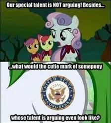 Size: 340x379 | Tagged: apple bloom, argument, congress, cutie mark, cutie mark crusaders, derpibooru import, government, image macro, politics, safe, scootaloo, sweetie belle, truth