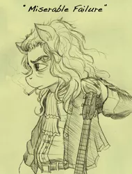 Size: 600x789 | Tagged: safe, artist:derp-my-life, derpibooru import, oc, unofficial characters only, earth pony, pony, bad pun, belt, cigarette, clothes, guitar, jabot, messy mane, miserable failure, musician, pants, rocker, sketch, smoking, solo, traditional art, underhoof, unshorn fetlocks