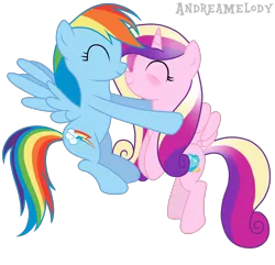 Size: 3253x3132 | Tagged: age regression, artist:andreamelody, blushing, cadash, female, happy, lesbian, princess cadance, rainbow dash, safe, shipping, simple background, transparent background, vector