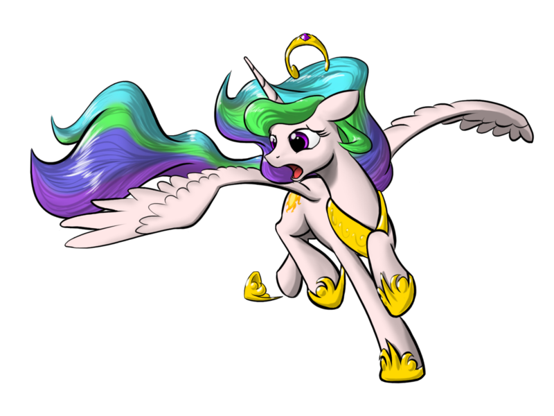 Size: 1600x1200 | Tagged: safe, artist:nadnerbd, derpibooru import, princess celestia, alicorn, pony, female, jewelry, mare, regalia, running, simple background, solo, spread wings, transparent background, wings