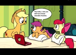 Size: 1022x742 | Tagged: apple bloom, applejack, artist:petirep, bed, computer, fanfic:bittersweet, female, laptop computer, lesbian, rainbow dash presents, safe, scootajack, scootaloo, sexual deviant, shipping