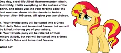 Size: 586x259 | Tagged: grimdark, derpibooru import, sunset shimmer, pony, allied mastercomputer, bronybait, crossover, great soft jelly thing, i have no mouth and i must scream, meme, sad, text, what do